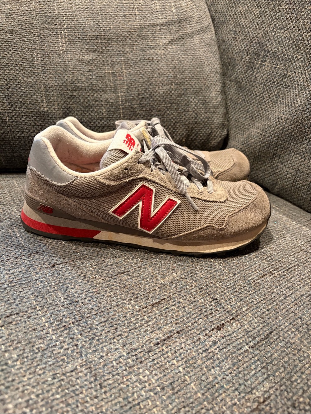 New Balance Men's Gray Suede & Mesh Sneakers with Red Logo